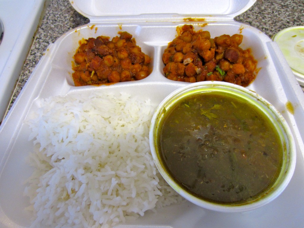 chana masala, rice, another bean thing