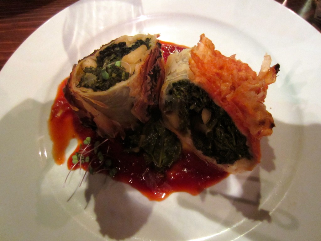 Braised kale, mustard greens & apple strudel with chipotle-hop BBQ