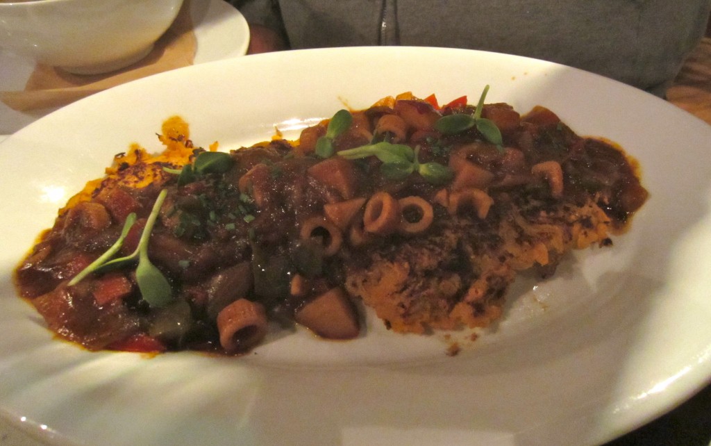 Sweet potato pancakes with vegetable goulash