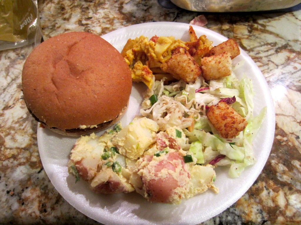burger, tots, potato salad, cabbage